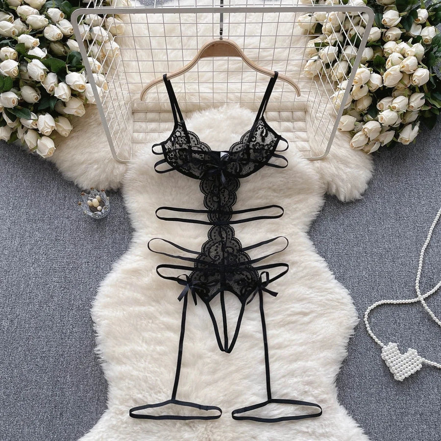 Macacão Bodysuit Feminino em Renda Preta Transparente · Alça Emendada · Sem Encosto · Lingerie Sensual Erótica Full Body · P ao G