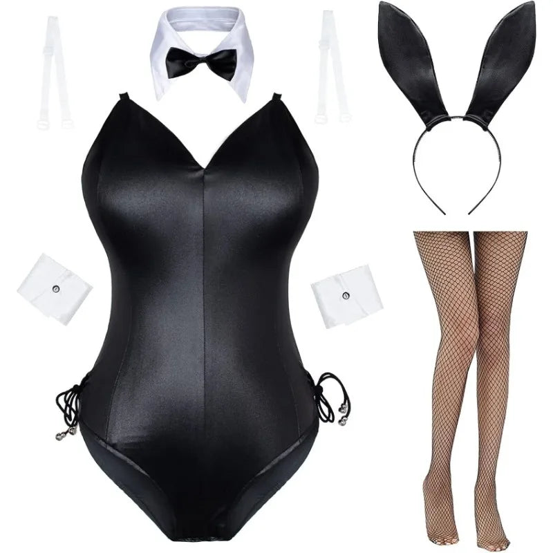 Fantasia Coelhinha Sensual Cosplay Completo · 5 Peças com Bodysuit Acetinado + Tiara Orelhas + Gravatinha + Meia-rede + Punhos · Edição Senpai · Tamanhos P-G