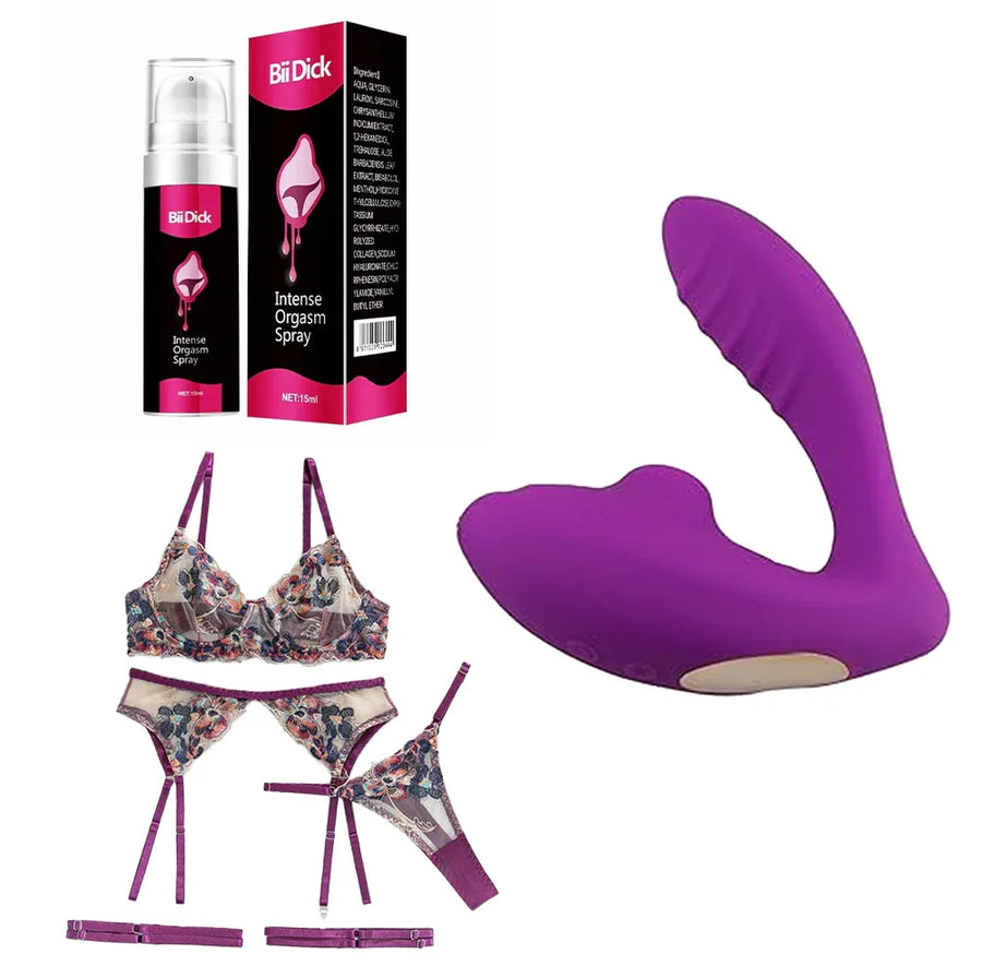 Kit Absolut Bevellie - Conjunto de Lingerie + Vibrador e Sugador Absolut + Gel Lubrificante Bii Dick