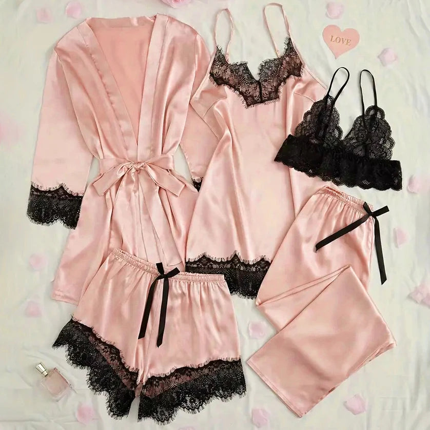 Conjunto Pijama Cetim Acetinado Rosa com Renda · Camisola + Calça · Roupa de Dormir Premium · P ao G