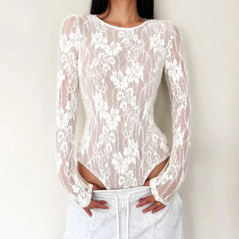Body Feminino em Renda Floral Camada Dupla Manga Longa · Gola Redonda · Estilo Sofisticado · Tamanhos P ao G