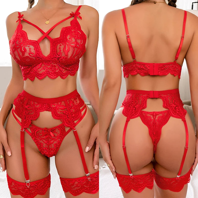 Conjunto Safira - Sutiã & Cinta-Liga Sensual em Renda Floral