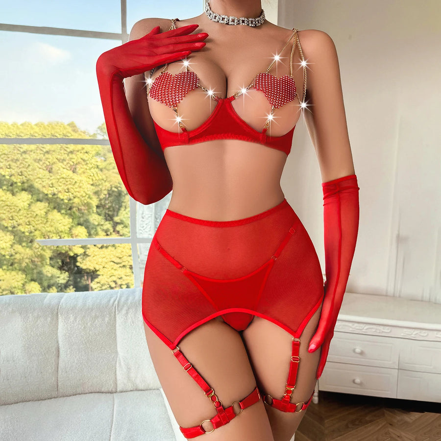 Conjunto Lingerie Erótica Premium Vermelha · 5 Peças com Correntes Douradas · Body Translúcido + Luvas + Meia-calça + Cinta-liga