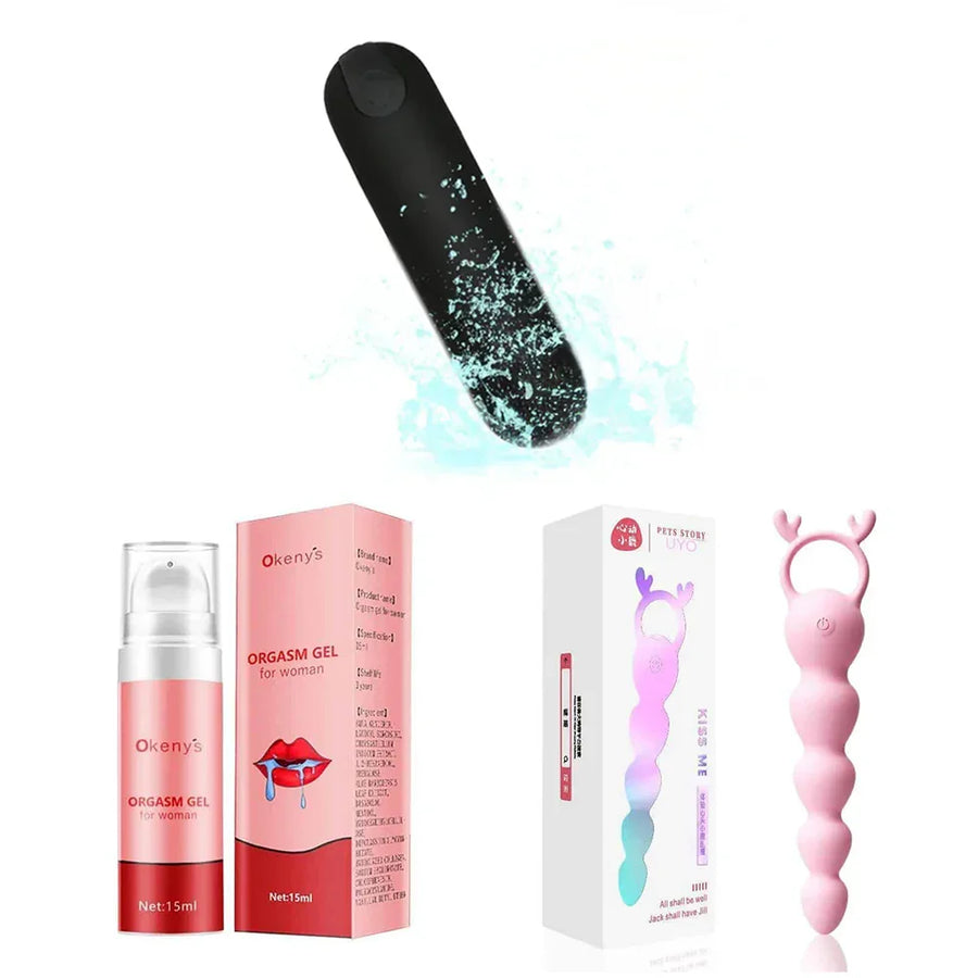 Kit Explosão de Prazer - Vibrador Anal UYO + Mini Vibrador Bullet + Lubrificante Íntimo Okenys